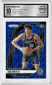 Cam Christie from the 2024-25 Panini Prizm set featuring a Blue Shimmer  parallel graded by Arena Club and given an overall grade of 10.