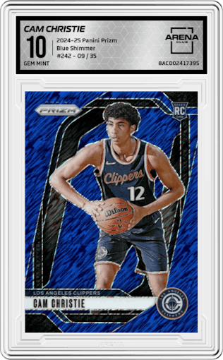Cam Christie from the 2024-25 Panini Prizm set featuring a Blue Shimmer  parallel graded by Arena Club and given an overall grade of 10.