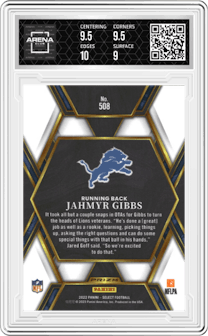 Jahmyr Gibbs from the 2022 Panini Select set graded by Arena Club and given an overall grade of 9.5.