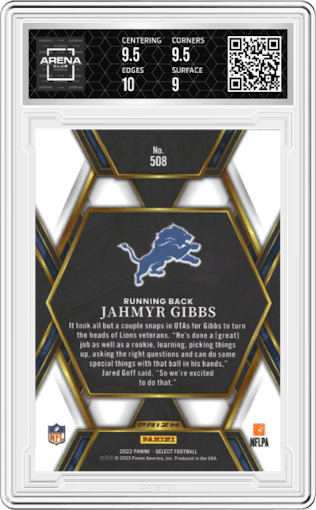 Jahmyr Gibbs from the 2022 Panini Select set graded by Arena Club and given an overall grade of 9.5.