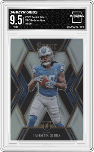 Jahmyr Gibbs from the 2022 Panini Select set graded by Arena Club and given an overall grade of 9.5.