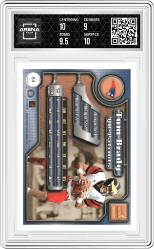 Tom Brady from the 2000 Pacific Aurora set graded by Arena Club and given an overall grade of 9.5.