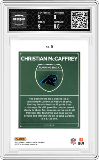 Christian McCaffrey from the 2023 Donruss Optic set graded by Arena Club and given an overall grade of 9.