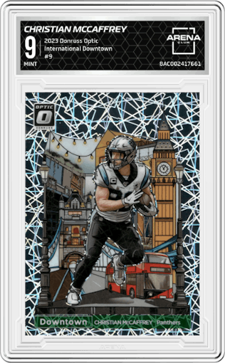 Christian McCaffrey from the 2023 Donruss Optic set graded by Arena Club and given an overall grade of 9.