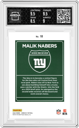 Malik Nabers  from the 2024 Donruss set graded by Arena Club and given an overall grade of 9.