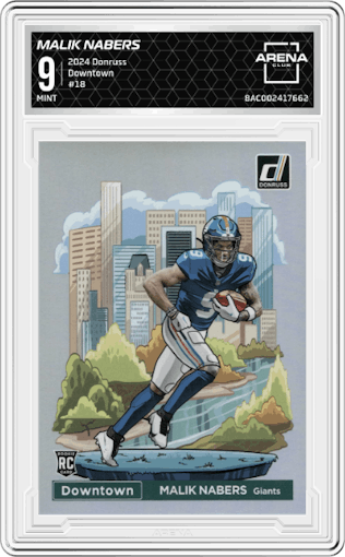Malik Nabers  from the 2024 Donruss set graded by Arena Club and given an overall grade of 9.