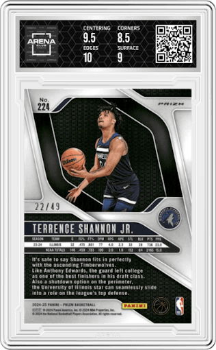 Terrence Shannon Jr. from the 2024-25 Panini Prizm set featuring a Orange parallel graded by Arena Club and given an overall grade of 9.