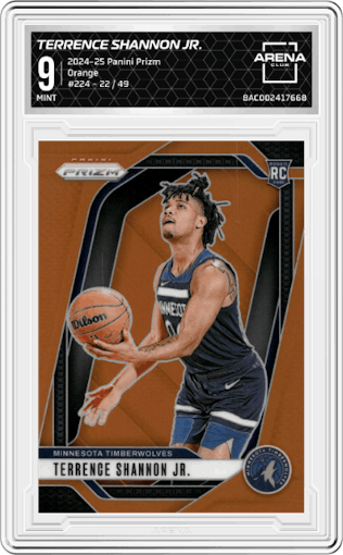 Terrence Shannon Jr. from the 2024-25 Panini Prizm set featuring a Orange parallel graded by Arena Club and given an overall grade of 9.