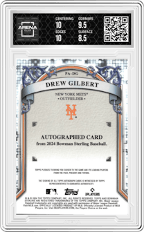 Drew Gilbert from the 2024 Bowman Sterling set featuring a Red Refractor parallel graded by Arena Club and given an overall grade of 9.