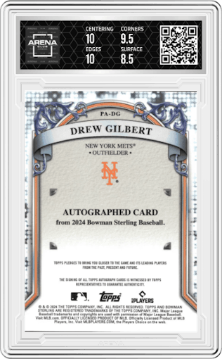Drew Gilbert from the 2024 Bowman Sterling set featuring a Red Refractor parallel graded by Arena Club and given an overall grade of 9.