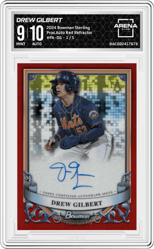 Drew Gilbert from the 2024 Bowman Sterling set featuring a Red Refractor parallel graded by Arena Club and given an overall grade of 9.