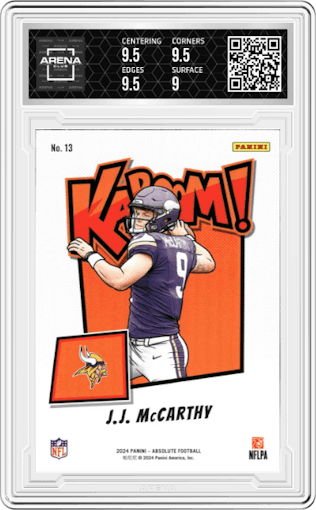 J.J. McCarthy from the 2024 Panini Absolute set graded by Arena Club and given an overall grade of 9.5.