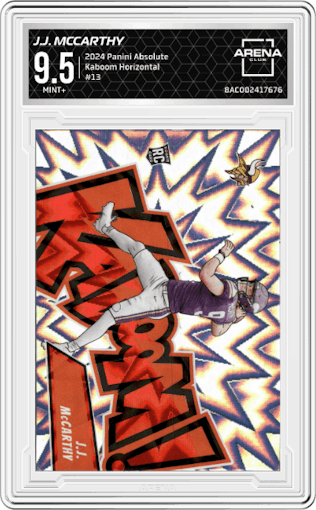 J.J. McCarthy from the 2024 Panini Absolute set graded by Arena Club and given an overall grade of 9.5.