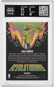 Luka Doncic from the 2023-24 Panini Revolution set graded by Arena Club and given an overall grade of 9.5.