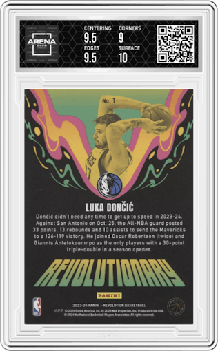 Luka Doncic from the 2023-24 Panini Revolution set graded by Arena Club and given an overall grade of 9.5.
