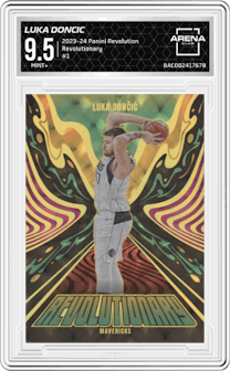 Luka Doncic from the 2023-24 Panini Revolution set graded by Arena Club and given an overall grade of 9.5.