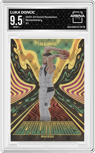 Luka Doncic from the 2023-24 Panini Revolution set graded by Arena Club and given an overall grade of 9.5.
