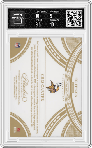 Cris Carter from the 2023 Panini Flawless set featuring a Silver parallel graded by Arena Club and given an overall grade of 9.5.