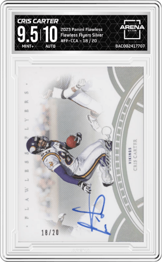Cris Carter from the 2023 Panini Flawless set featuring a Silver parallel graded by Arena Club and given an overall grade of 9.5.