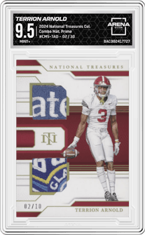 Terrion Arnold from the 2024 Panini National Treasures Collegiate set featuring a Prime parallel graded by Arena Club and given an overall grade of 9.5.