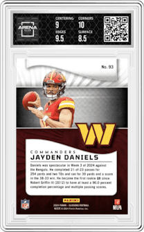 Jayden Daniels from the 2024 Panini Illusions set featuring a Orange Trophy Collection parallel graded by Arena Club and given an overall grade of 9.