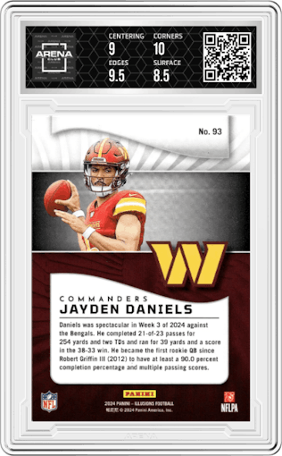 Jayden Daniels from the 2024 Panini Illusions set featuring a Orange Trophy Collection parallel graded by Arena Club and given an overall grade of 9.