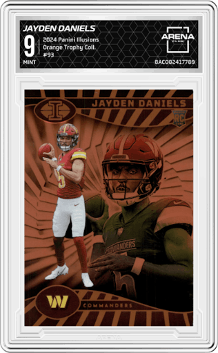 Jayden Daniels from the 2024 Panini Illusions set featuring a Orange Trophy Collection parallel graded by Arena Club and given an overall grade of 9.