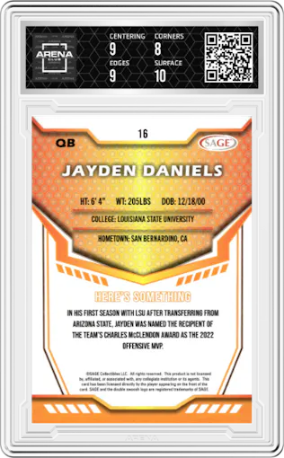Jayden Daniels from the 2024 SAGE Hit set featuring a Green parallel graded by Arena Club and given an overall grade of 8.5.