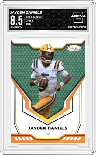 Jayden Daniels from the 2024 SAGE Hit set featuring a Green parallel graded by Arena Club and given an overall grade of 8.5.