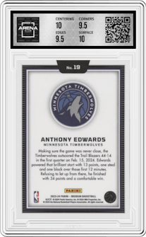 Anthony Edwards from the 2023-24 Panini Obsidian set graded by Arena Club and given an overall grade of 10.