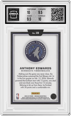 Anthony Edwards from the 2023-24 Panini Obsidian set and given an overall grade of 10.