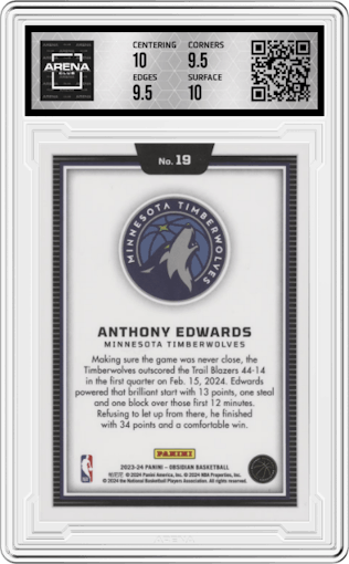 Anthony Edwards from the 2023-24 Panini Obsidian set graded by Arena Club and given an overall grade of 10.