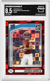 Jayden Daniels from the 2024 Donruss set featuring a Red Pandora parallel graded by Arena Club and given an overall grade of 8.5.