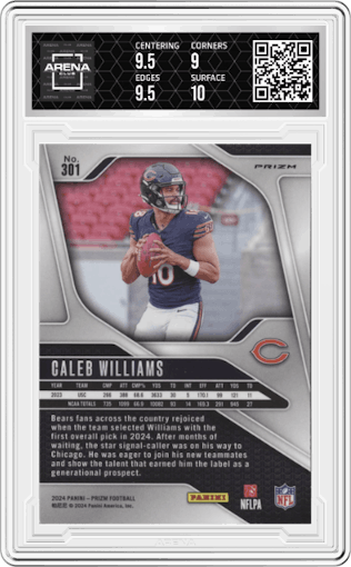 Caleb Williams from the 2024 Panini Prizm set featuring a Silver Prizm parallel graded by Arena Club and given an overall grade of 9.5.