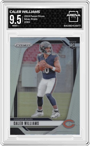 Caleb Williams from the 2024 Panini Prizm set featuring a Silver Prizm parallel graded by Arena Club and given an overall grade of 9.5.