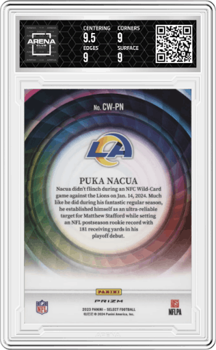 Puka Nacua from the 2023 Panini Select set graded by Arena Club and given an overall grade of 9.