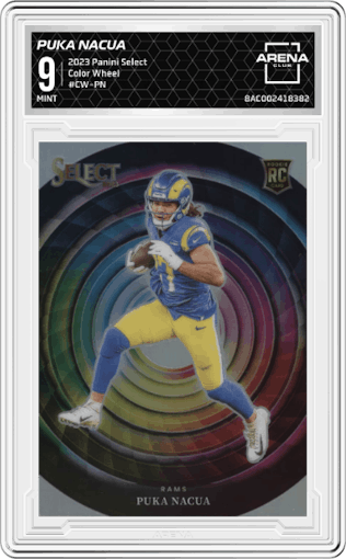 Puka Nacua from the 2023 Panini Select set graded by Arena Club and given an overall grade of 9.