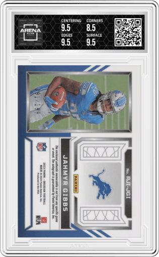 Jahmyr Gibbs from the 2023 Panini Obsidian set graded by Arena Club and given an overall grade of 9.