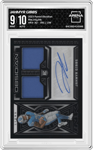Jahmyr Gibbs from the 2023 Panini Obsidian set graded by Arena Club and given an overall grade of 9.