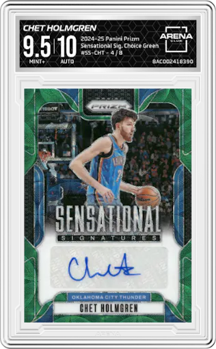 Chet Holmgren from the 2024-25 Panini Prizm set featuring a Choice Green parallel graded by Arena Club and given an overall grade of 9.5.