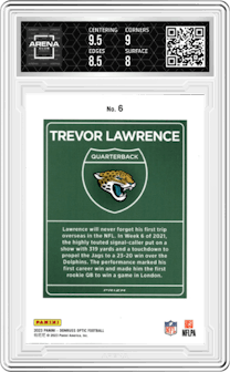 Trevor Lawrence from the 2023 Donruss Optic set graded by Arena Club and given an overall grade of 8.5.