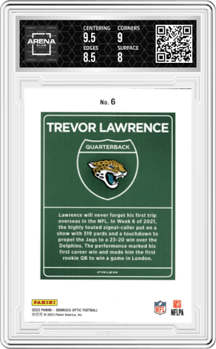 Trevor Lawrence from the 2023 Donruss Optic set graded by Arena Club and given an overall grade of 8.5.