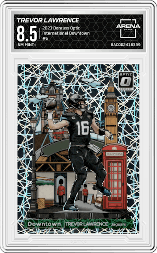 Trevor Lawrence from the 2023 Donruss Optic set graded by Arena Club and given an overall grade of 8.5.