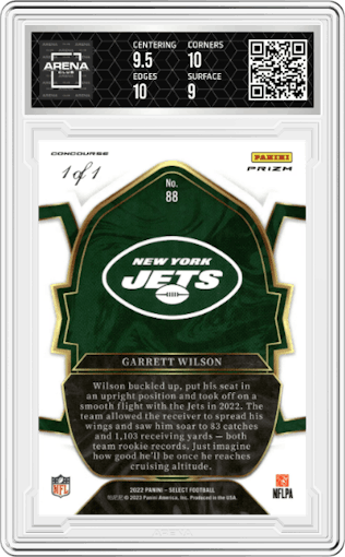 Garrett Wilson from the 2022 Panini Select set featuring a Disco Black parallel graded by Arena Club and given an overall grade of 9.5.