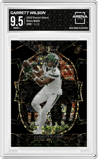 Garrett Wilson from the 2022 Panini Select set featuring a Disco Black parallel graded by Arena Club and given an overall grade of 9.5.