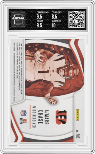 Ja'Marr Chase from the 2021 Panini Absolute set graded by Arena Club and given an overall grade of 9.