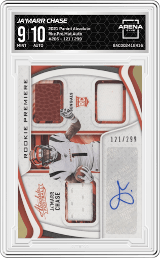 Ja'Marr Chase from the 2021 Panini Absolute set graded by Arena Club and given an overall grade of 9.