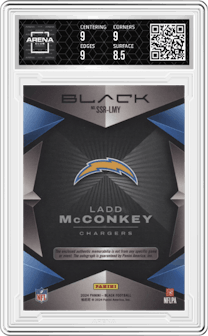 Ladd McConkey from the 2024 Panini Black set featuring a Emerald  parallel graded by Arena Club and given an overall grade of 9.