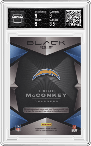 Ladd McConkey from the 2024 Panini Black set featuring a Emerald  parallel graded by Arena Club and given an overall grade of 9.