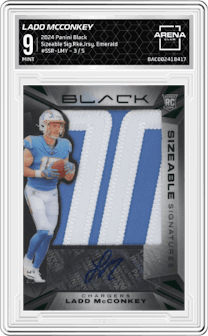 Ladd McConkey from the 2024 Panini Black set featuring a Emerald  parallel graded by Arena Club and given an overall grade of 9.